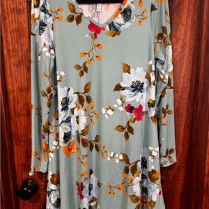Floral Long Sleeve Dress - Green and White